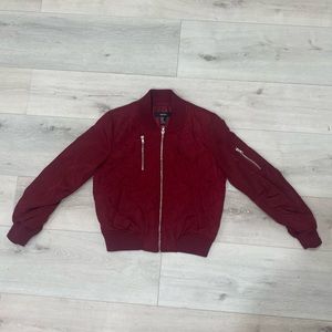 Women's Retro Solid Color Stand Collar Zip Up Bomber Jacket Pockets Burgundy
